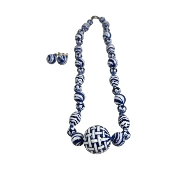 Blue Ceramic Porcelain Basket Weave Bead Necklace Earrings Set Coco 925 - Picture 8 of 9